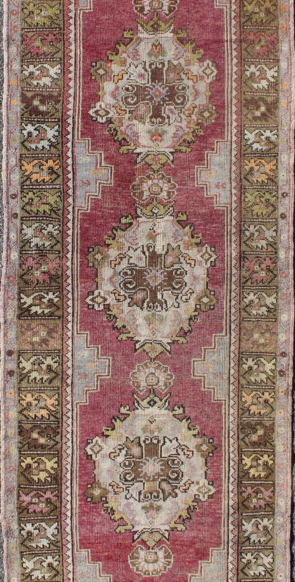 Turkish Berry Tri-Medallion Vintage Turkey Oushak Runner with Gray, Camel, Blush Accents For Sale