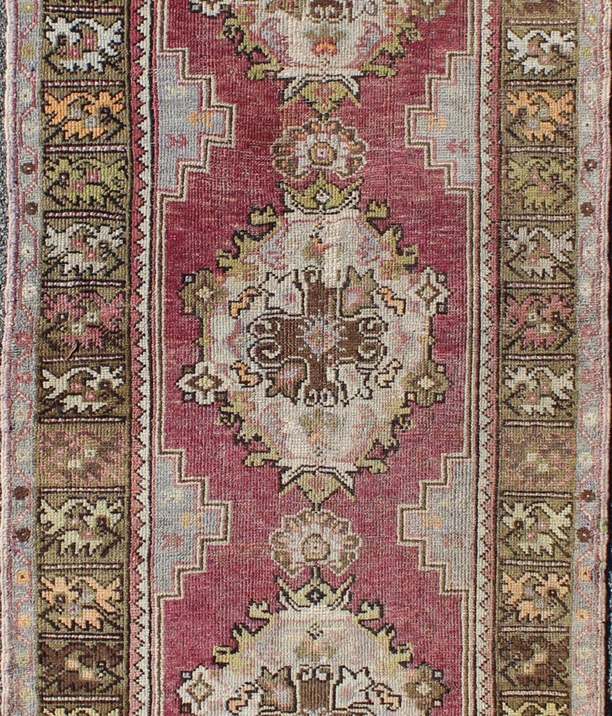 Hand-Knotted Berry Tri-Medallion Vintage Turkey Oushak Runner with Gray, Camel, Blush Accents For Sale