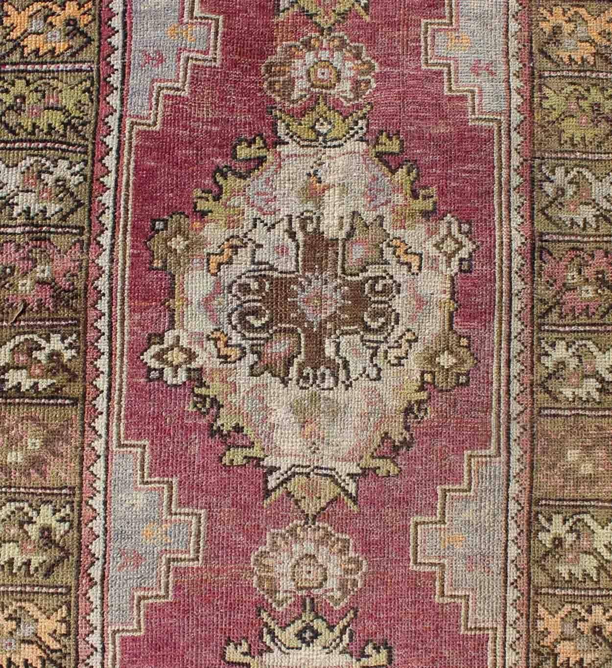 Berry Tri-Medallion Vintage Turkey Oushak Runner with Gray, Camel, Blush Accents In Excellent Condition For Sale In Atlanta, GA