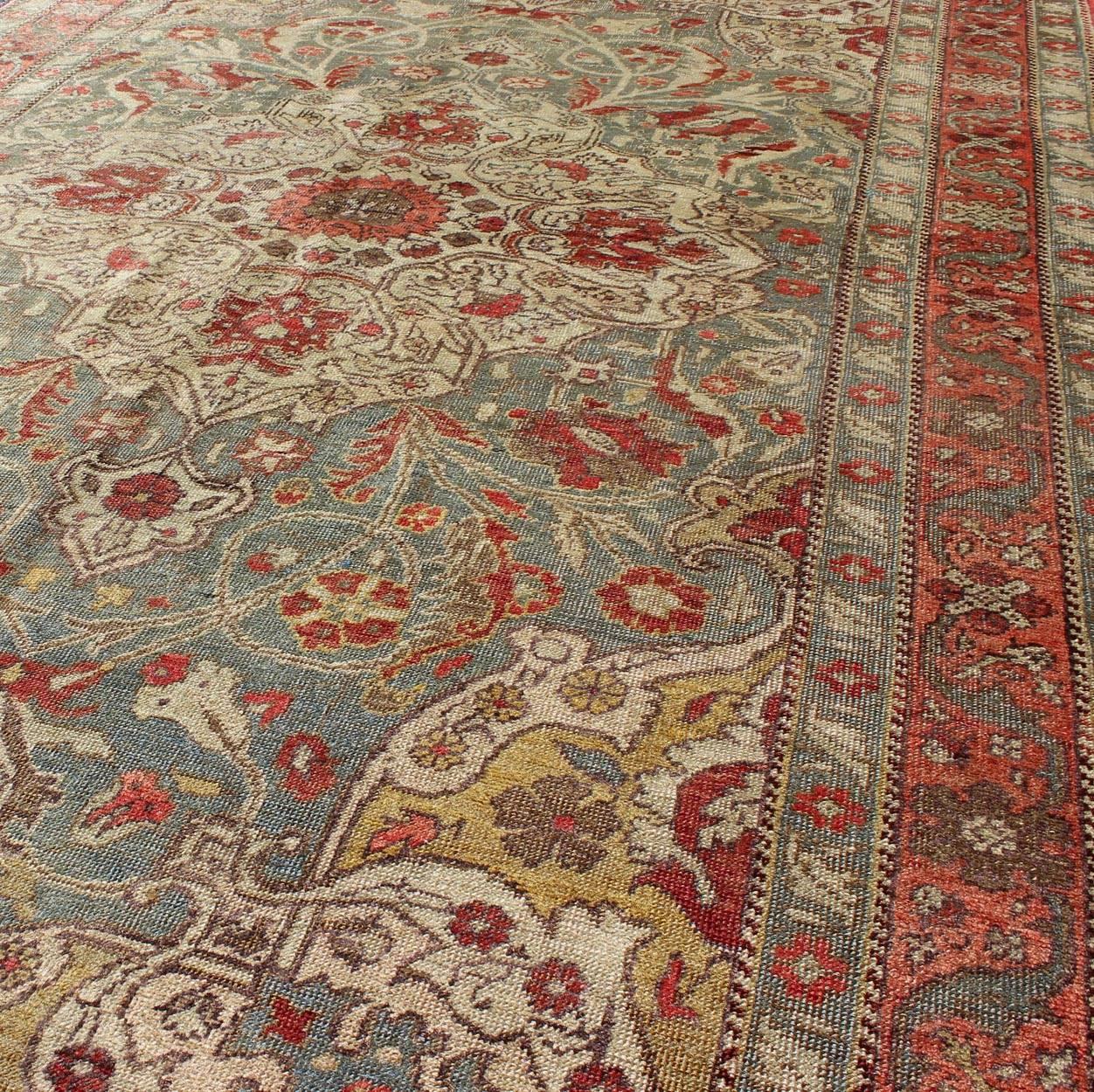 Hand-Knotted Floral Medallion Antique Turkey Sivas Rug in Light Blue, Red, Ivory, Chartreuse For Sale