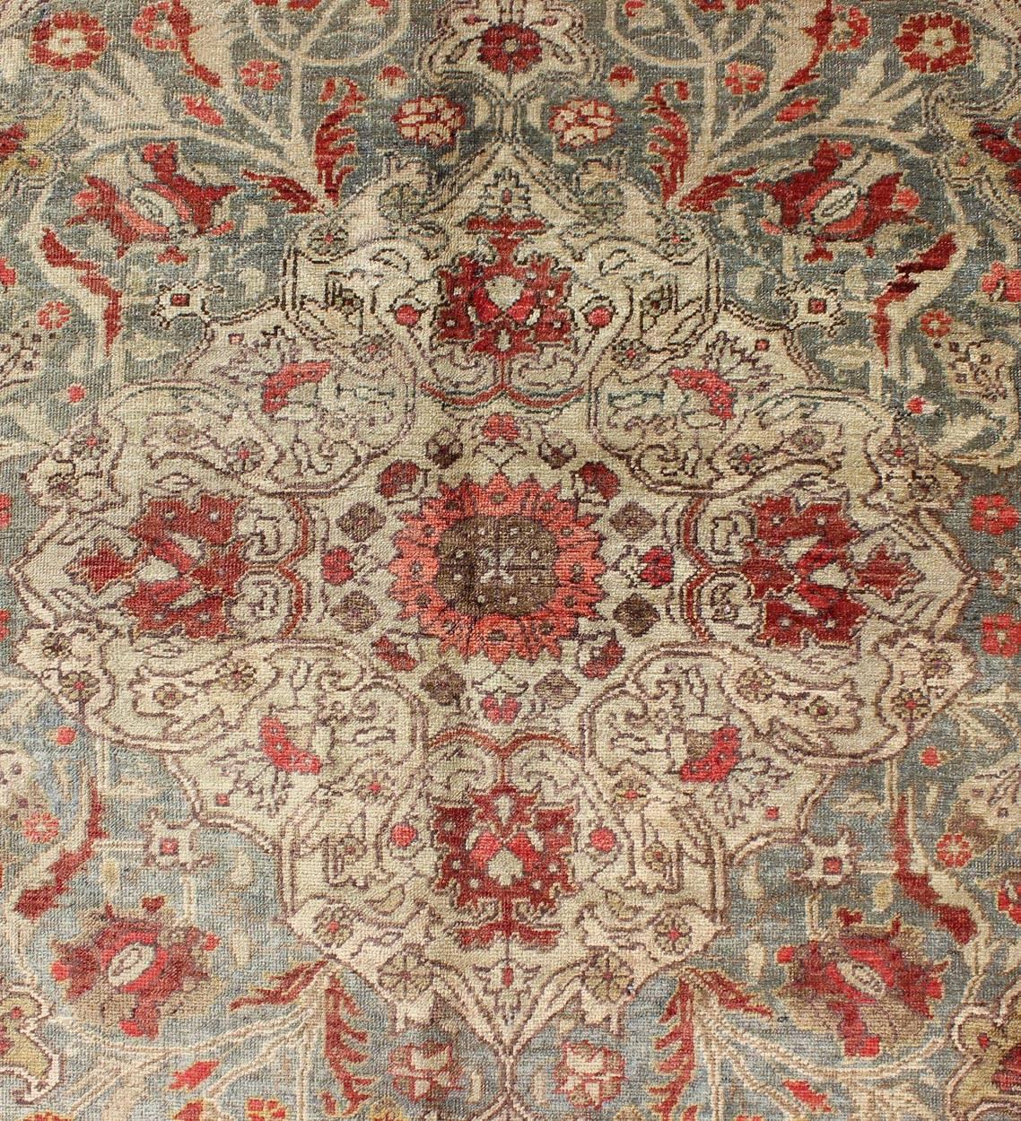 Floral Medallion Antique Turkey Sivas Rug in Light Blue, Red, Ivory, Chartreuse In Excellent Condition For Sale In Atlanta, GA
