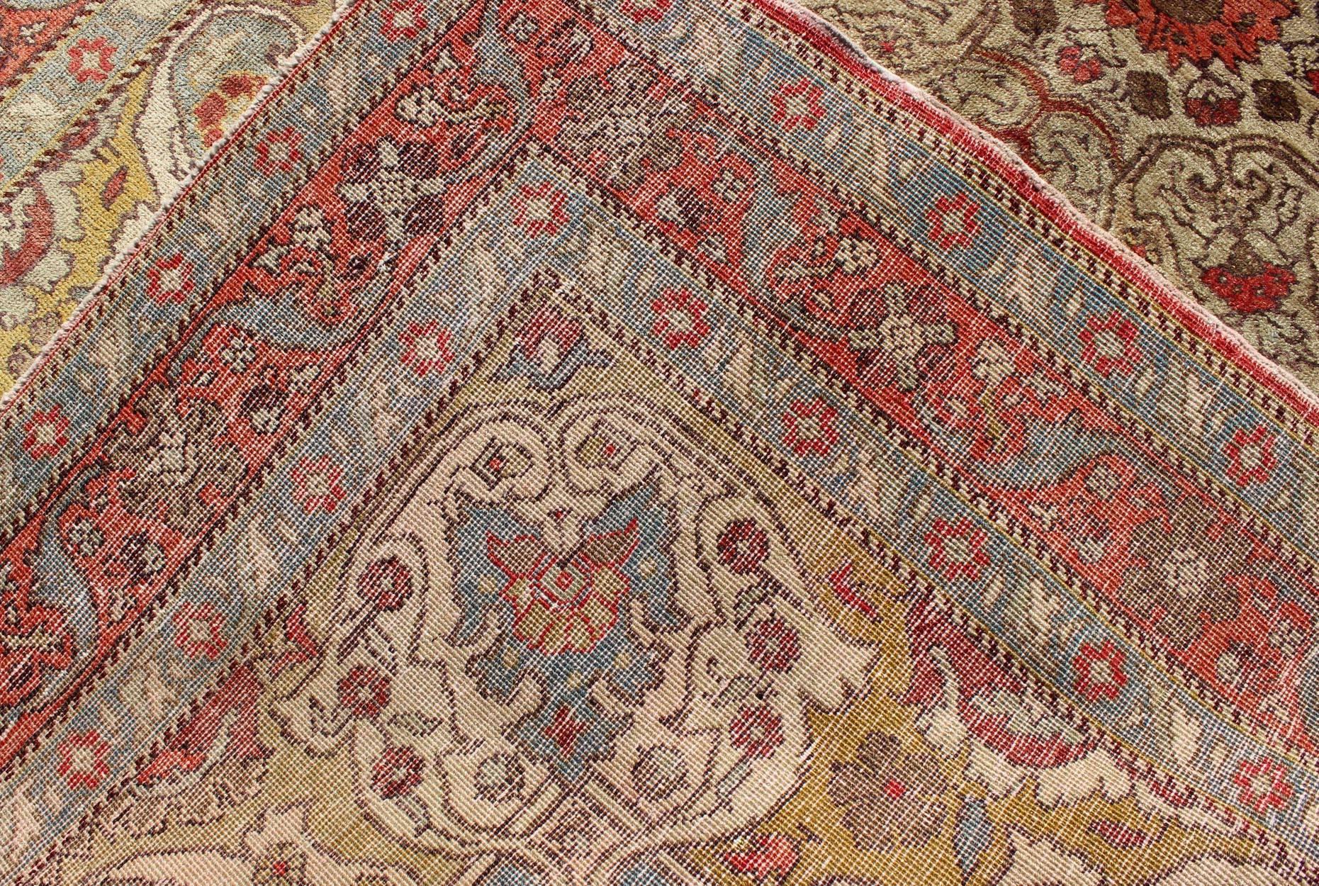 Mid-20th Century Floral Medallion Antique Turkey Sivas Rug in Light Blue, Red, Ivory, Chartreuse For Sale