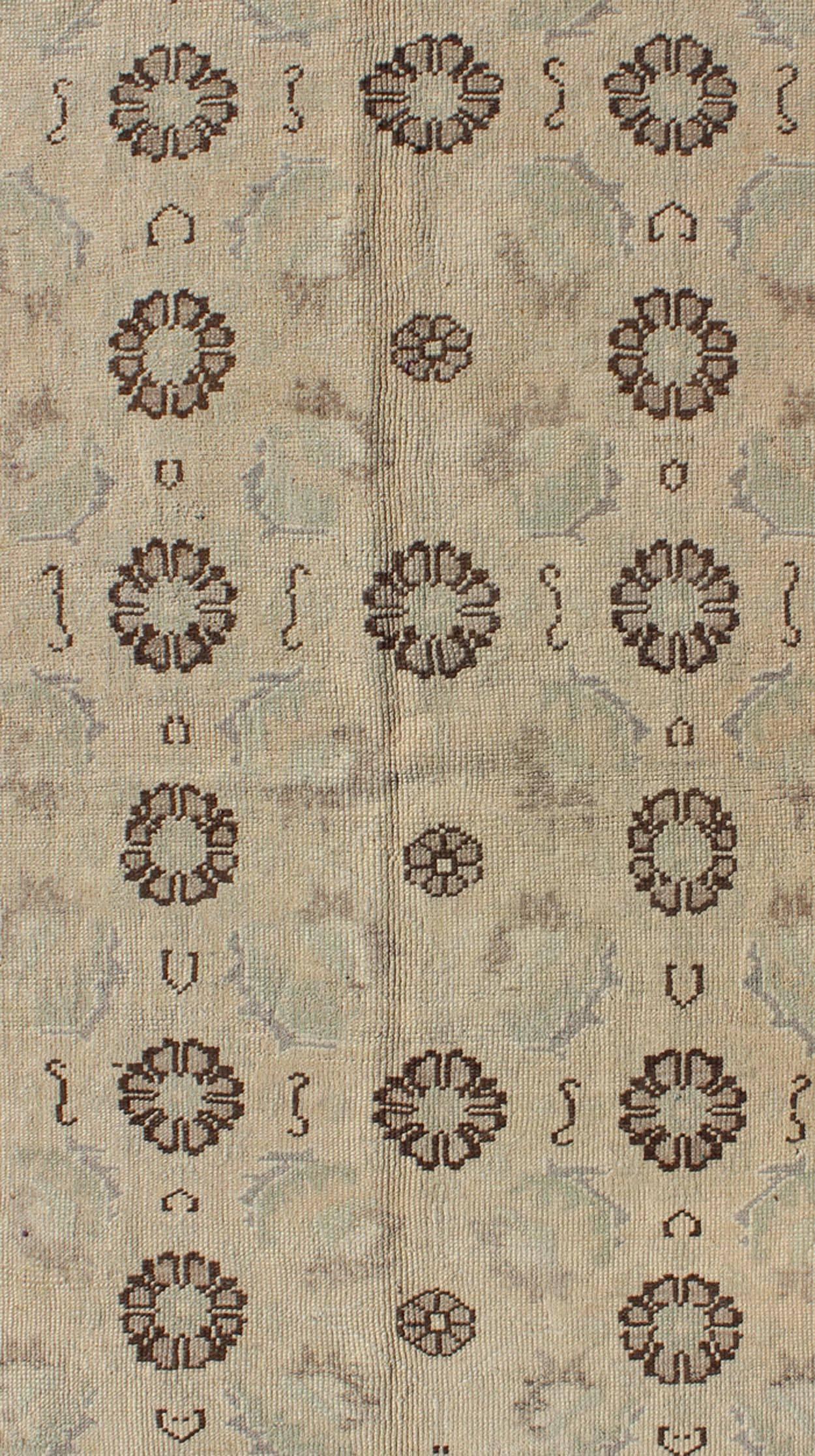 Hand-Knotted Blossom and Tribal Design Vintage Turkish Oushak Rug in Nude, Taupe, Gray, Brown