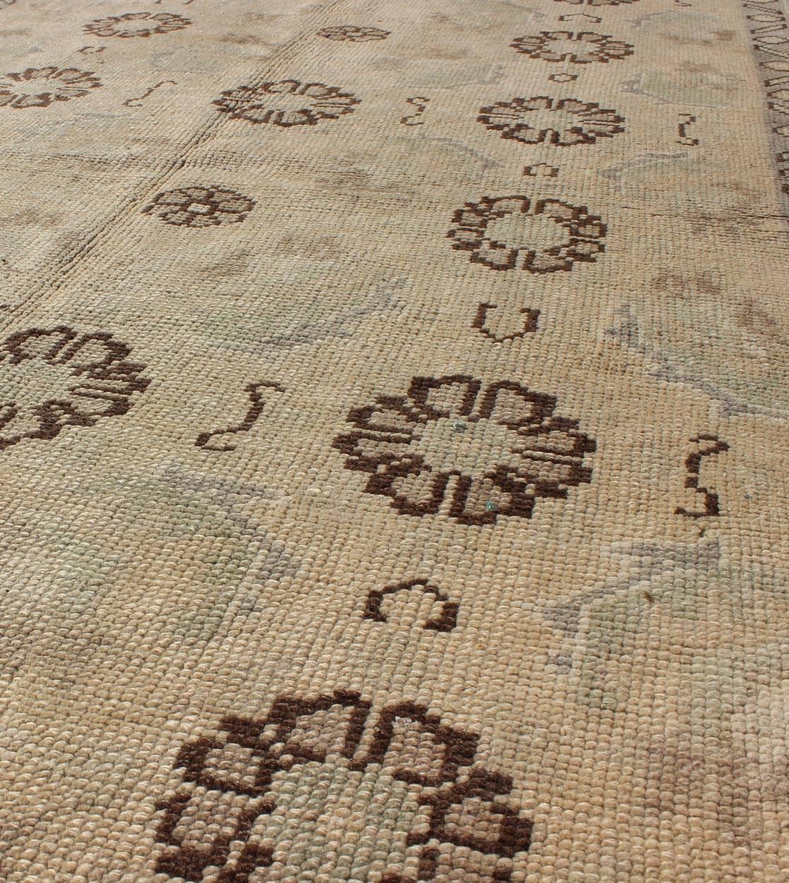 Mid-20th Century Blossom and Tribal Design Vintage Turkish Oushak Rug in Nude, Taupe, Gray, Brown