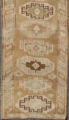 Long Vintage Turkish Runner with Taupe, Cream, Brown Stacked Medallions