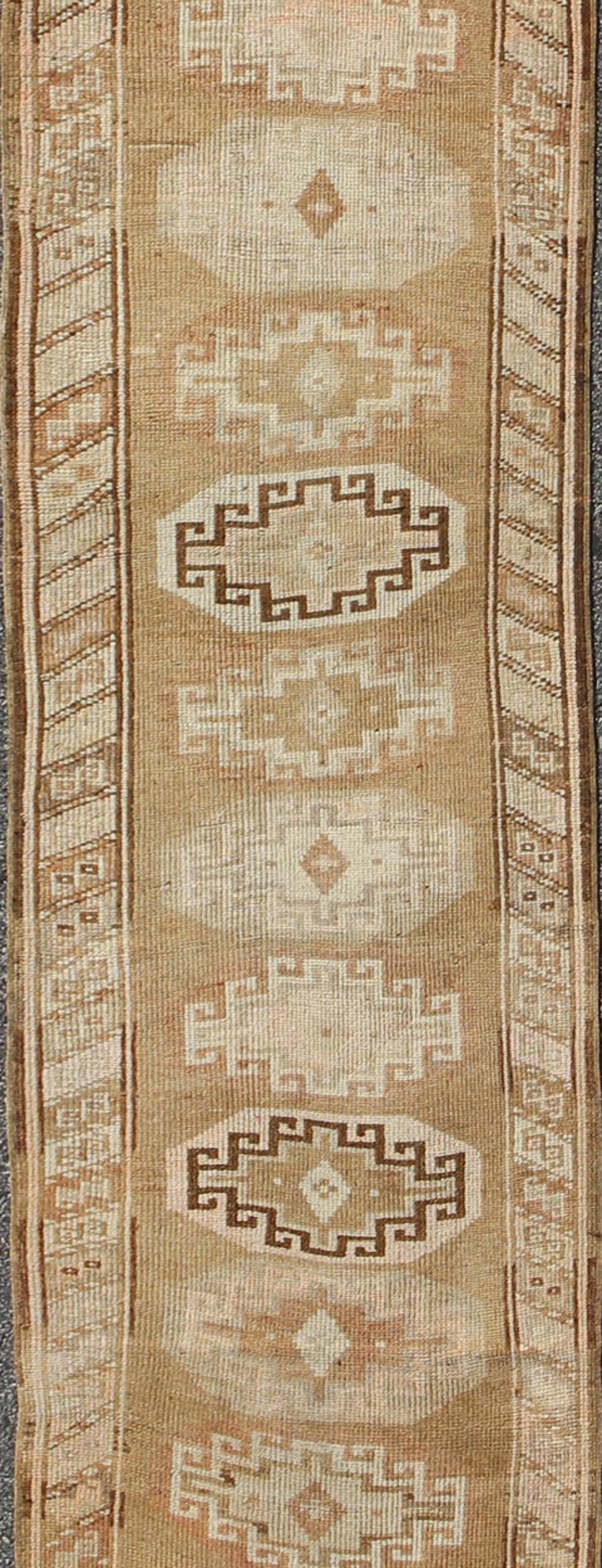 Oushak Long Vintage Turkish Runner with Taupe, Cream, Brown Stacked Medallions For Sale