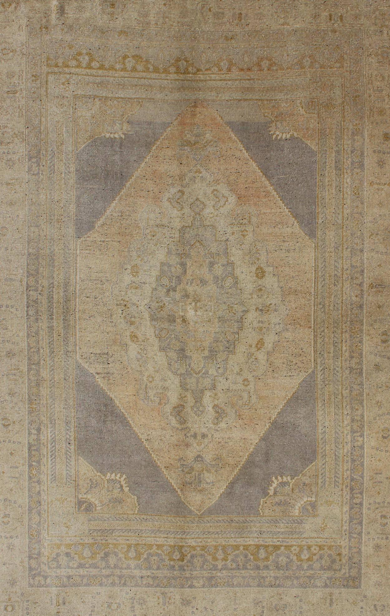 Hand-Knotted Vintage Turkish Oushak Rug With Layered Medallion in Light Purple/Gray & Tan  For Sale