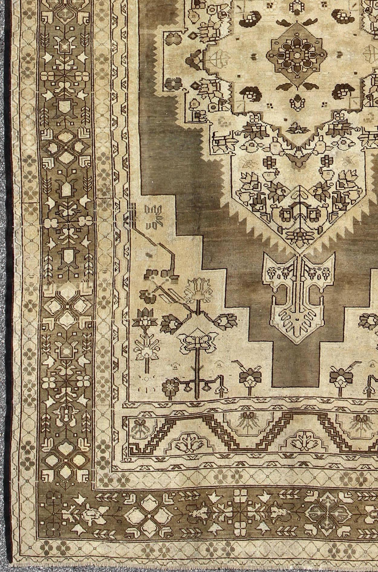 Hand-Knotted Turkish Oushak Rug with Layered Sub-Geometric Vintage in Shades of Brown & Cream For Sale