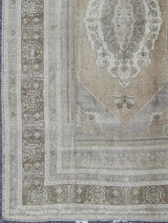 Vintage Turkish Oushak Rug with Faded Taupe, Soft Sage, and Muted Ivory