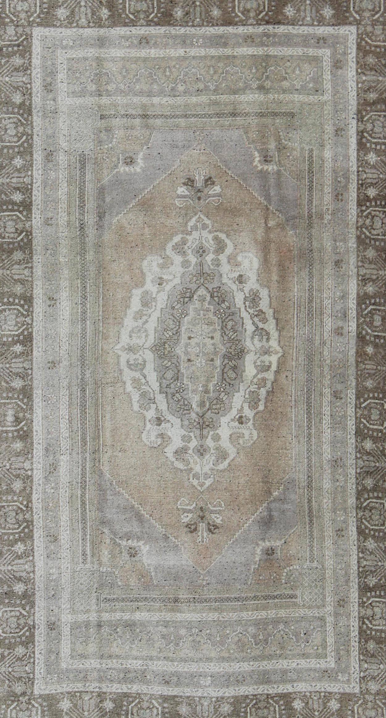 Hand-Knotted Warm Colored Layered Medallion Vintage Turkish Oushak Rug in Taupe, Gray, Brown For Sale