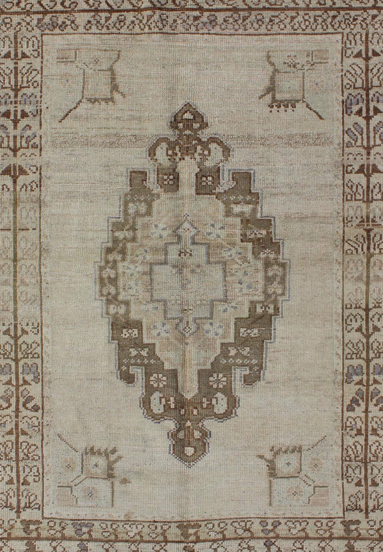 Hand-Knotted Brown and Taupe Colored Vintage Turkish Oushak Rug with Medallion Design For Sale