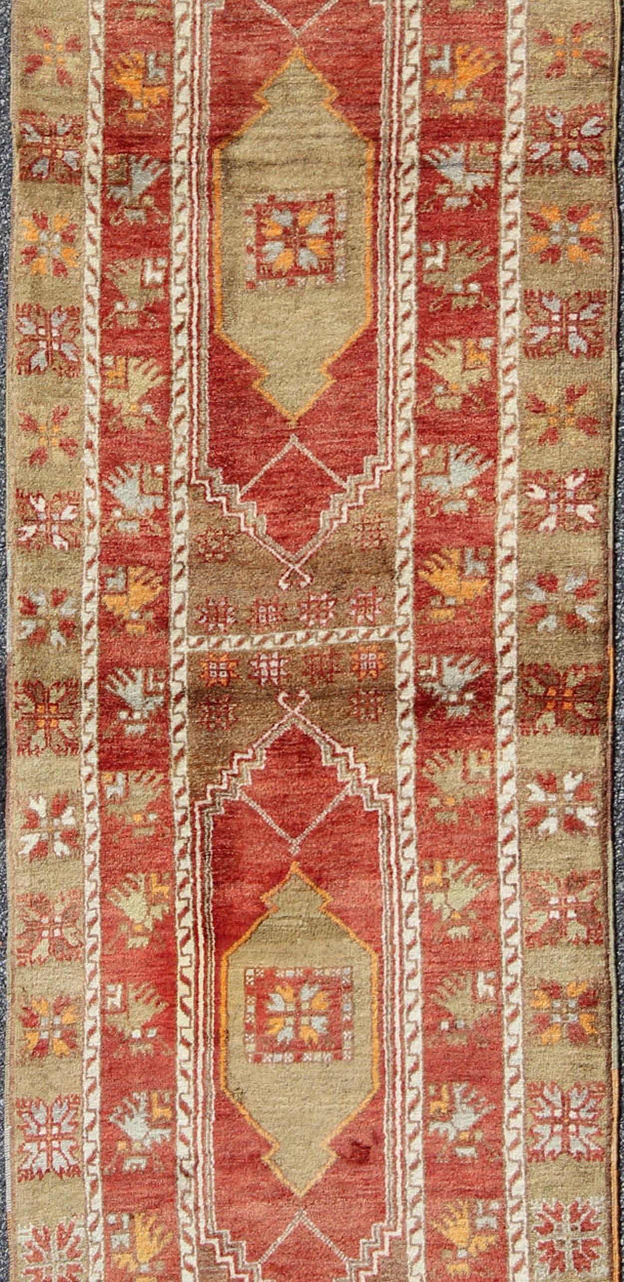 Hand-Knotted Red and Green Vintage Turkish Oushak Runner with Tribal Dual Medallions For Sale