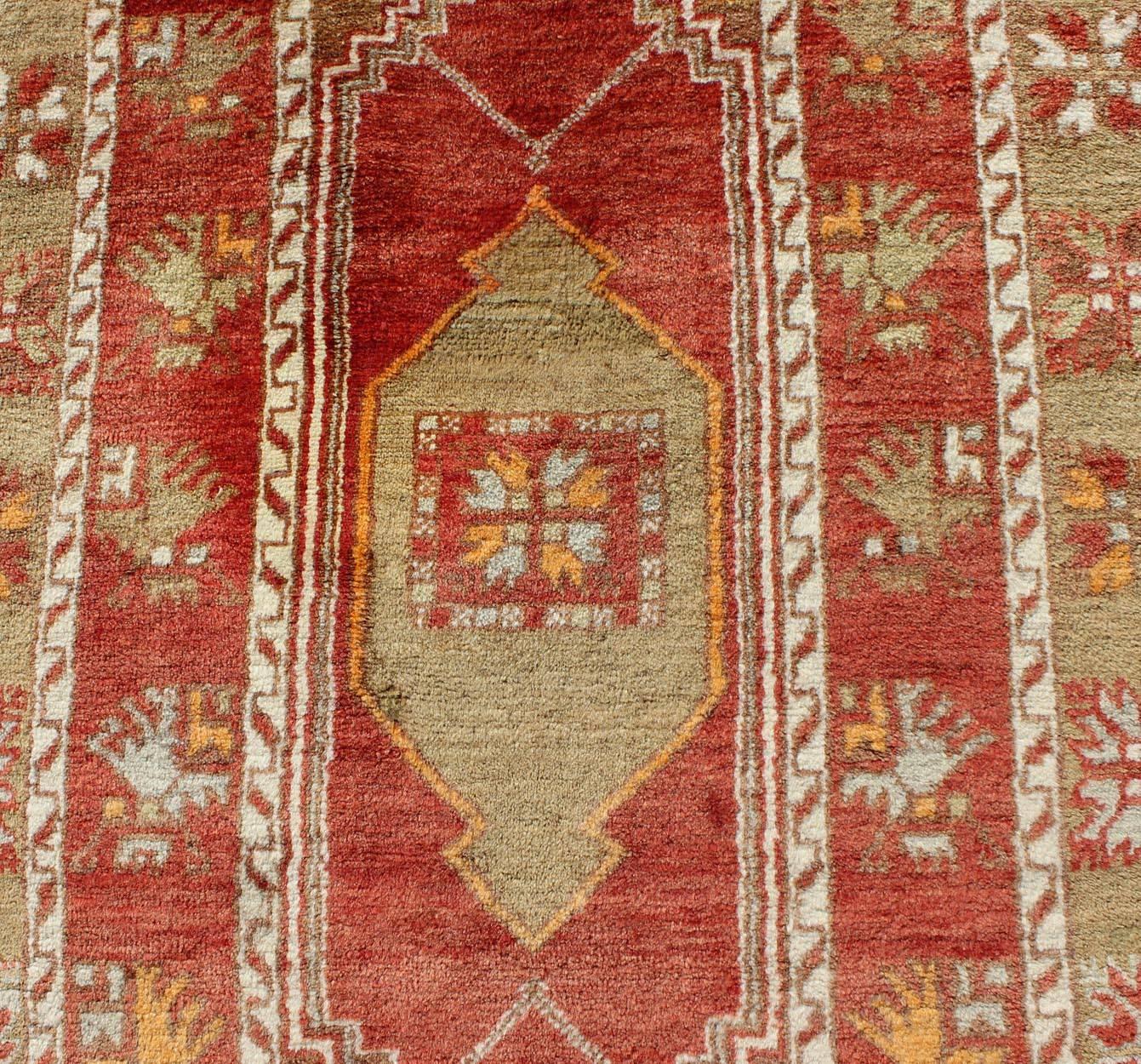 Wool Red and Green Vintage Turkish Oushak Runner with Tribal Dual Medallions For Sale