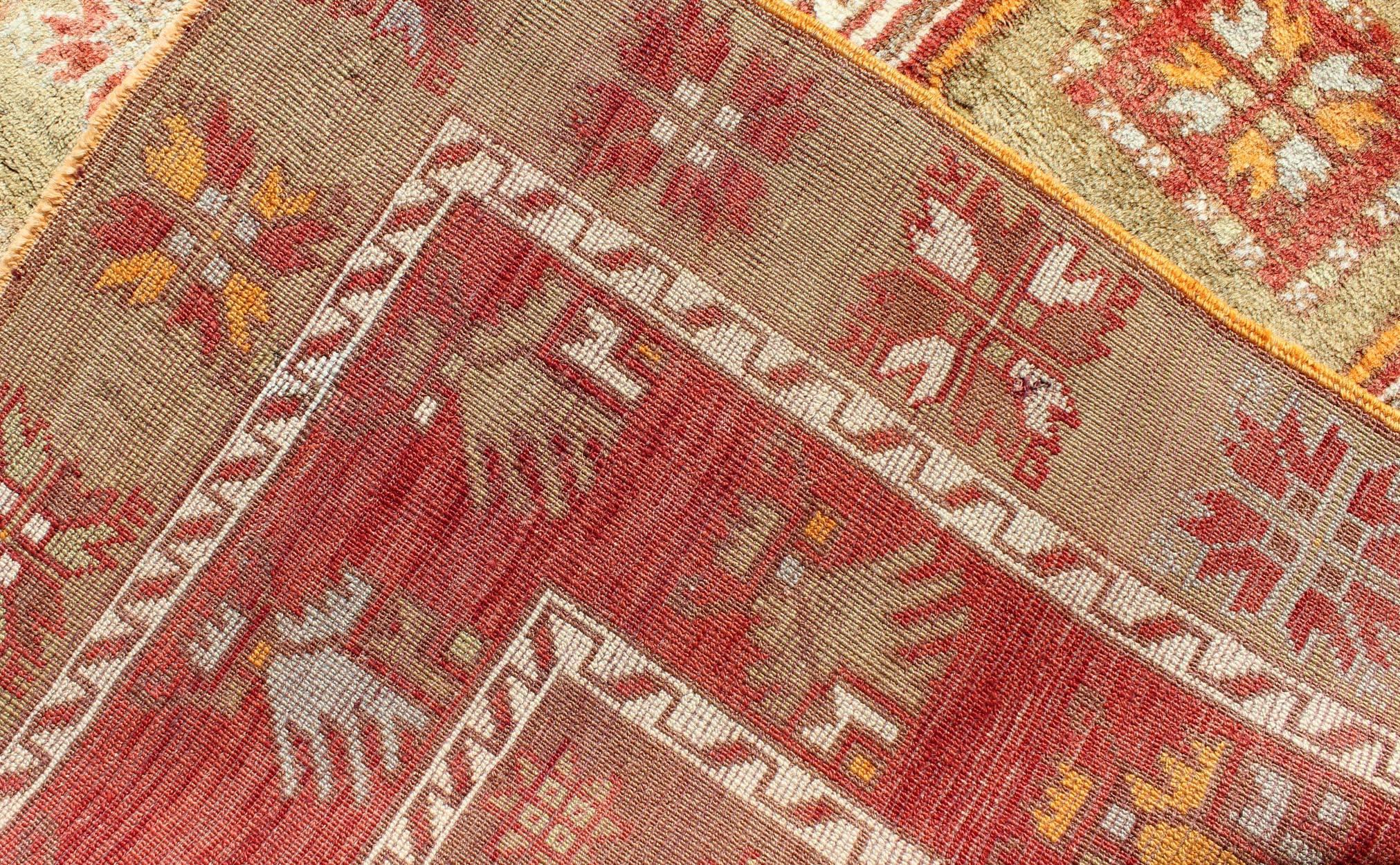 Red and Green Vintage Turkish Oushak Runner with Tribal Dual Medallions For Sale 1