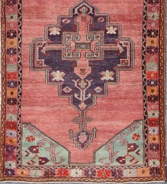 Vintage Turkish Oushak Runner with Geometric Medallions in Red, Brown, Ice Blue
