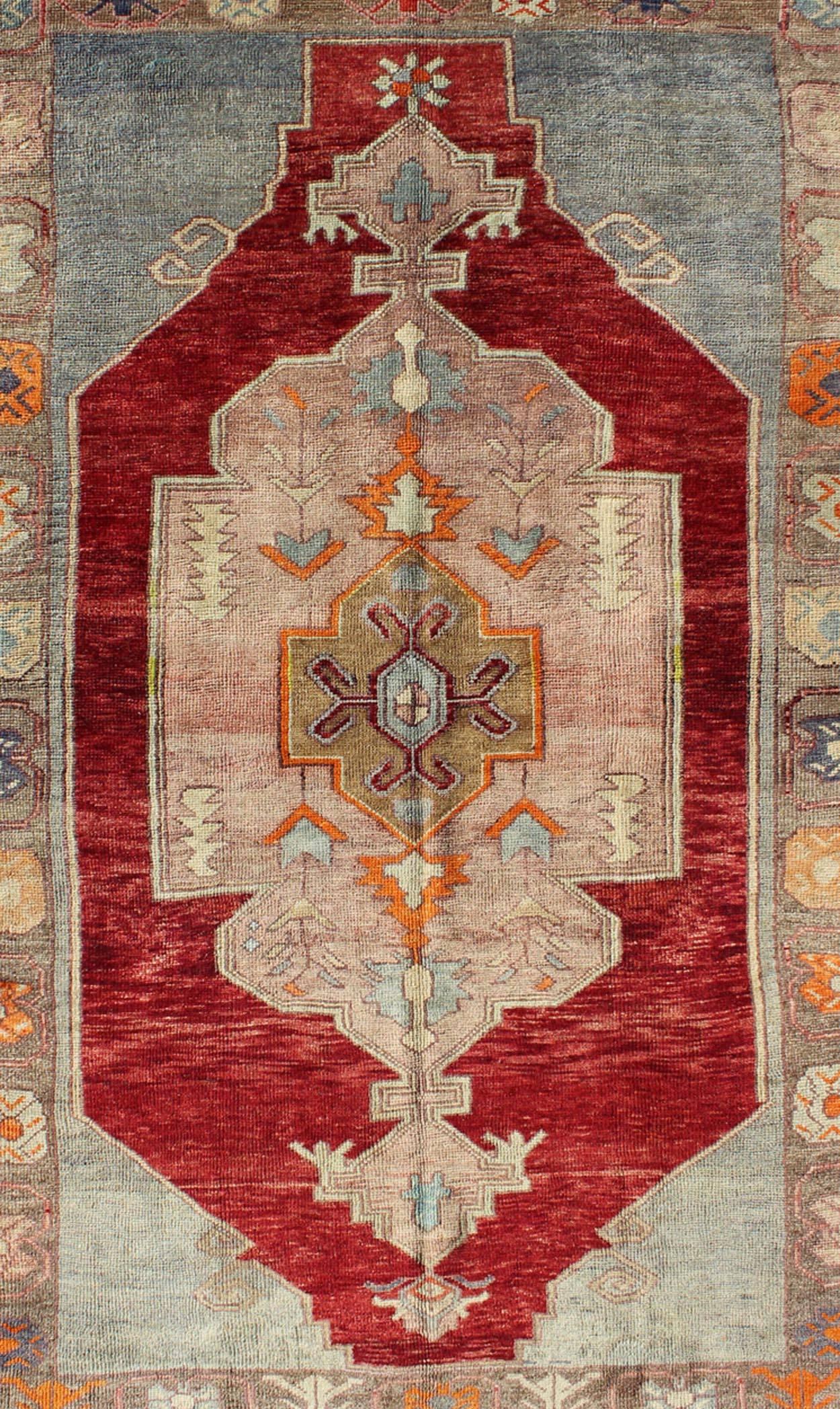 Hand-Knotted Vintage Turkish Oushak Rug with Tribal Medallion in Deep Red and Multi-Color