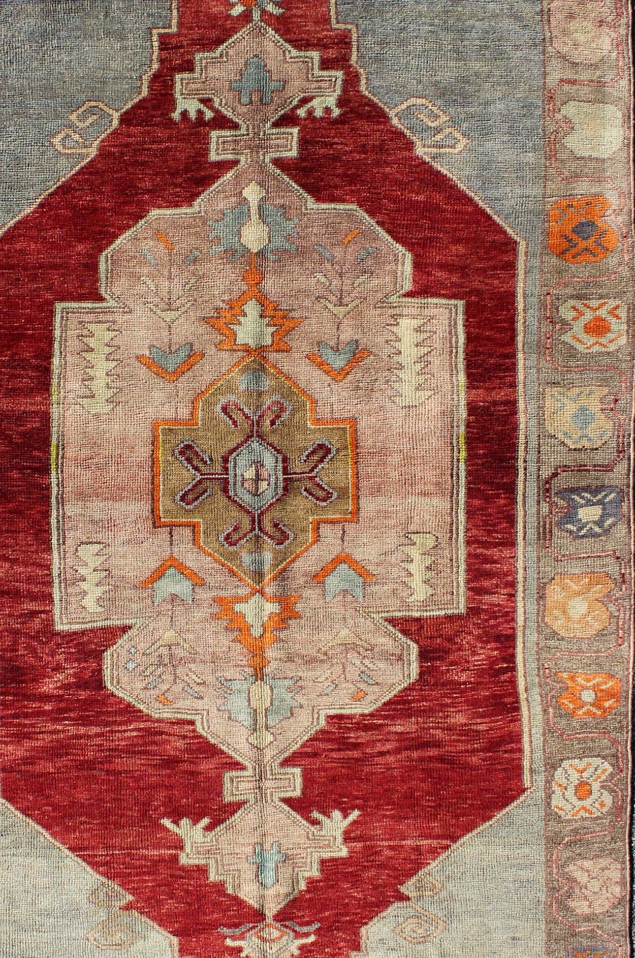 Vintage Turkish Oushak Rug with Tribal Medallion in Deep Red and Multi-Color In Excellent Condition In Atlanta, GA