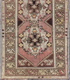 Vintage Turkish Oushak Runner with Floral Medallions in Brown Lavender and Taupe