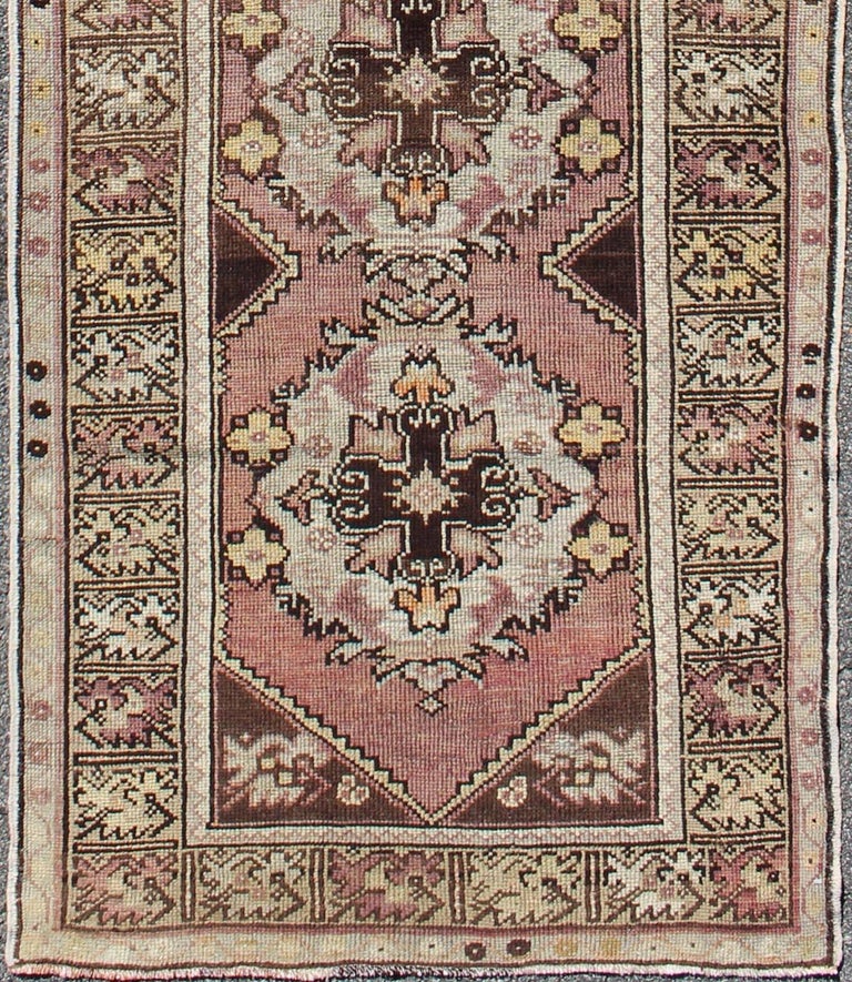 Vintage Turkish Oushak Runner With Floral Medallions In Brown Lavender And Taupe For Sale At 1stdibs