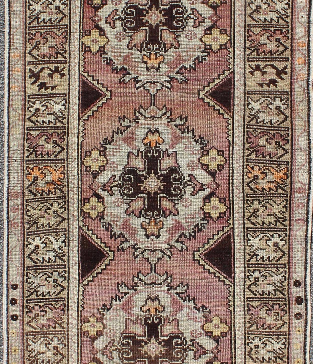 Vintage Turkish Oushak Runner with Floral Medallions in Brown Lavender and Taupe In Good Condition For Sale In Atlanta, GA
