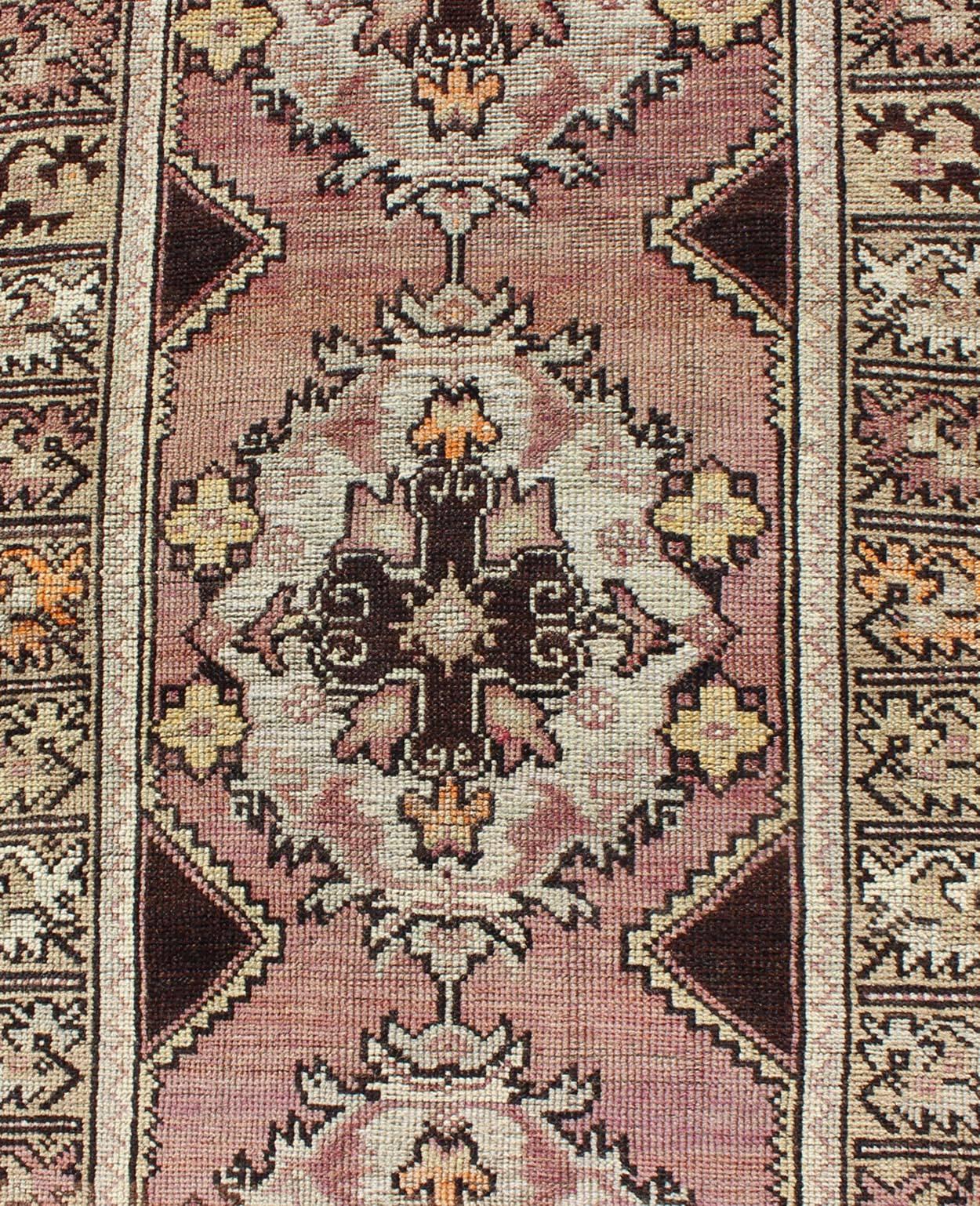 Wool Vintage Turkish Oushak Runner with Floral Medallions in Brown Lavender and Taupe For Sale