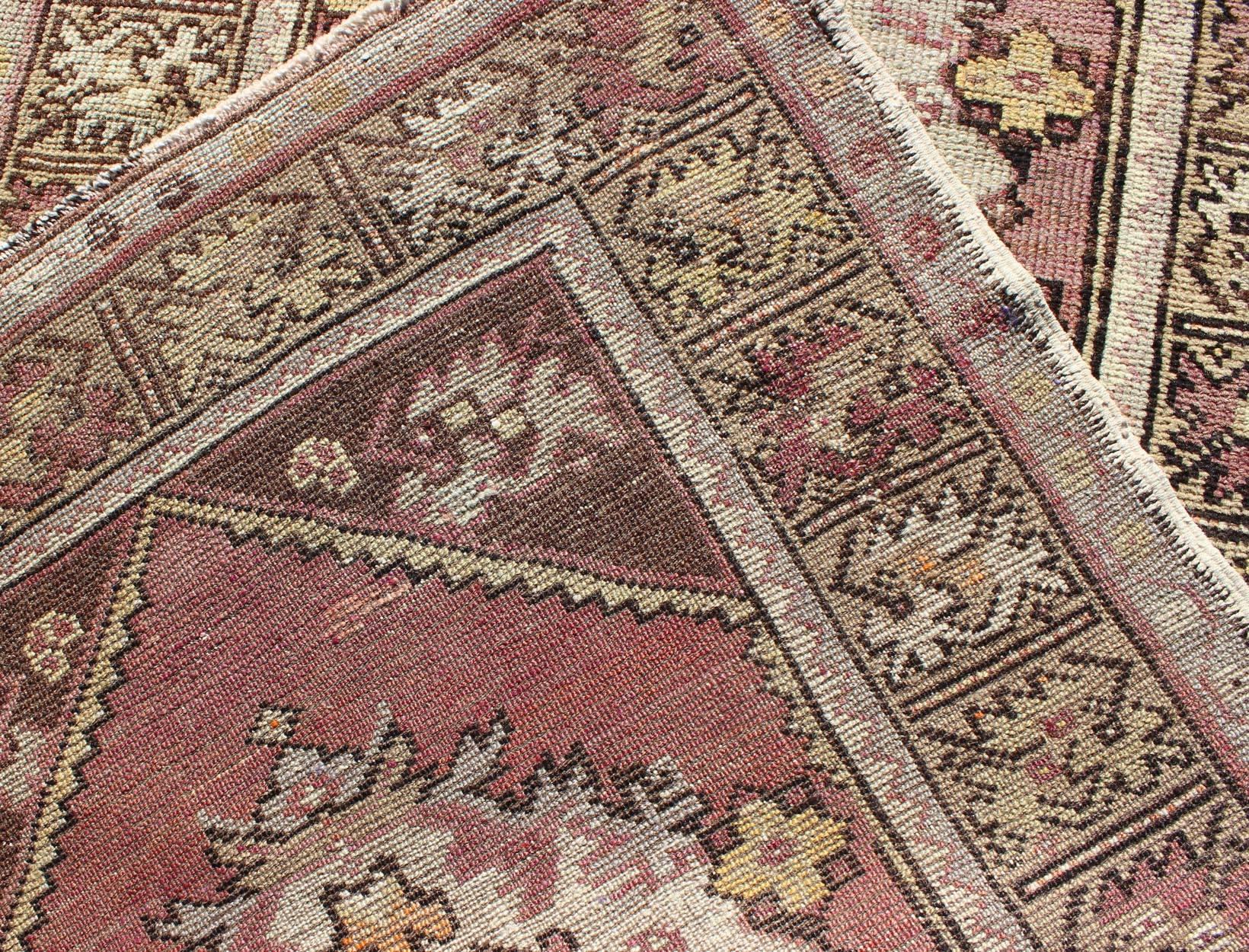 Vintage Turkish Oushak Runner with Floral Medallions in Brown Lavender and Taupe For Sale 1