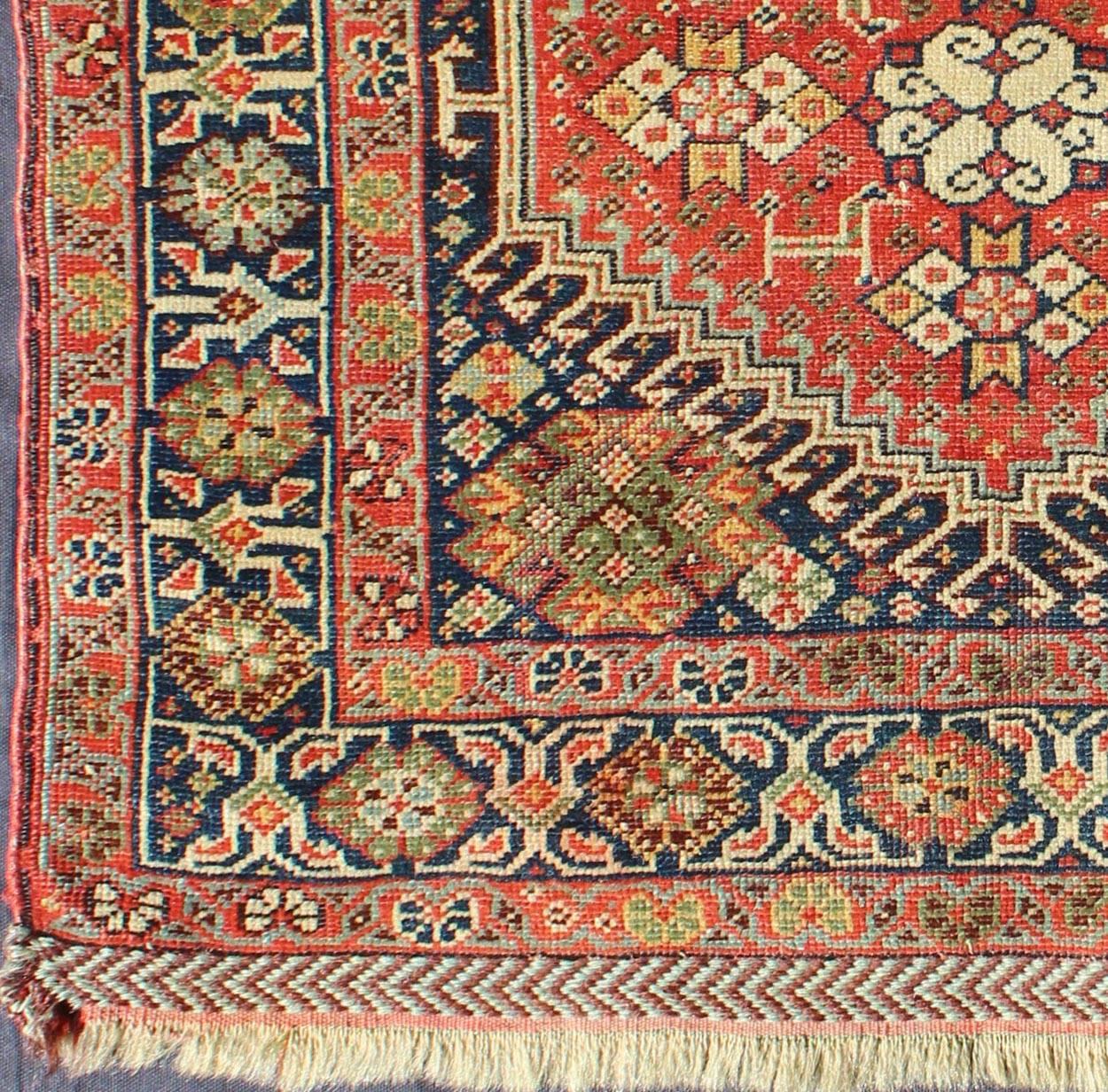 Antique Persian, extremely finely woven antique Qashqai Bag Face in Brilliant colors with hexagon Latch Hook Medallion, rug a-0406, country of origin / type: Iran / Qashqai, circa 1870.

This antique Qashqai rug from late 19th century Persian