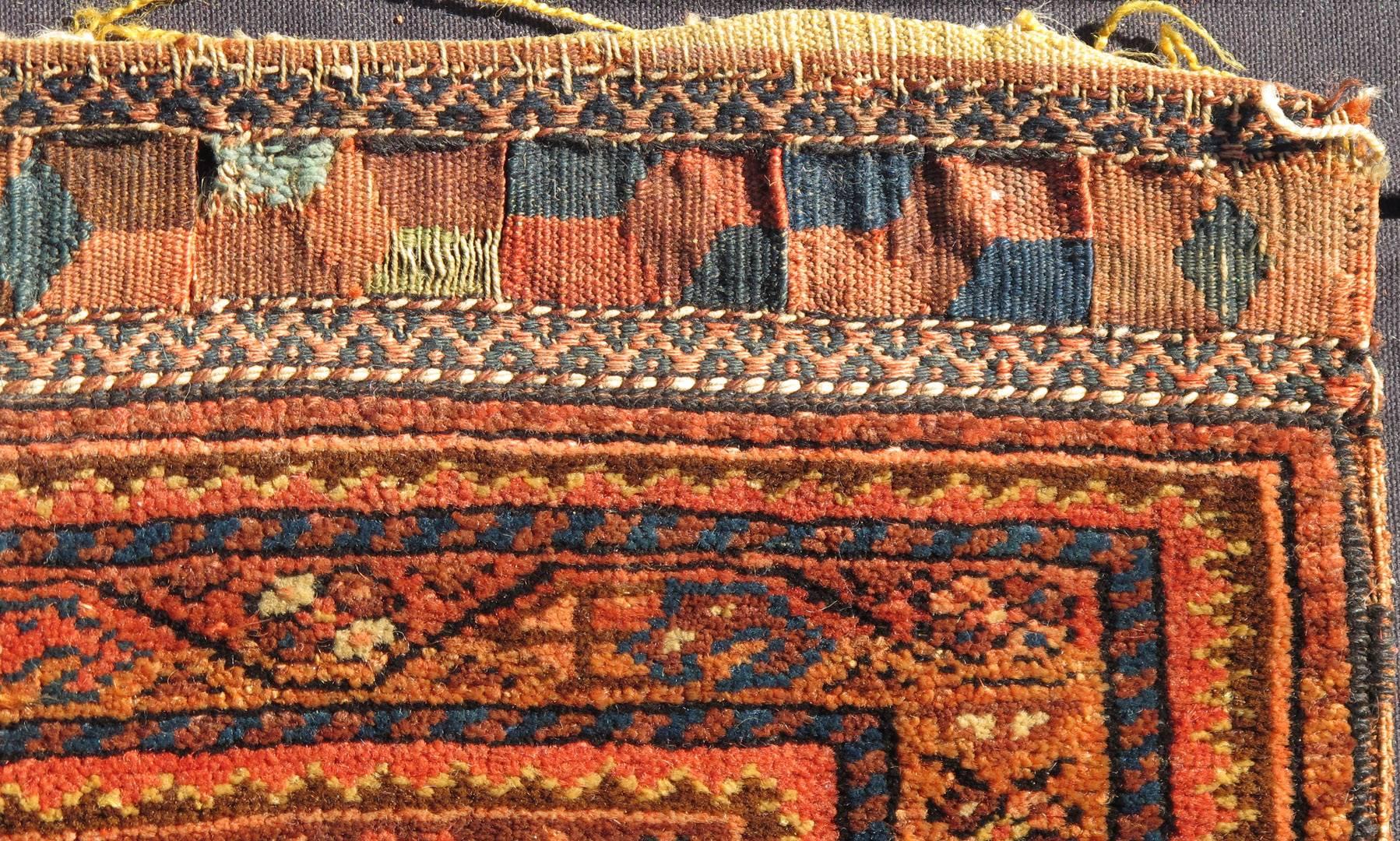 Antique Persian two-panel Qashqai rug with medallion design in orange and brown, rug 10-90511, country of origin / type: Iran / Qashqai, circa 1880

The Qashgai nomads are found in the Fars province in southwest Iran. They move twice a year,
