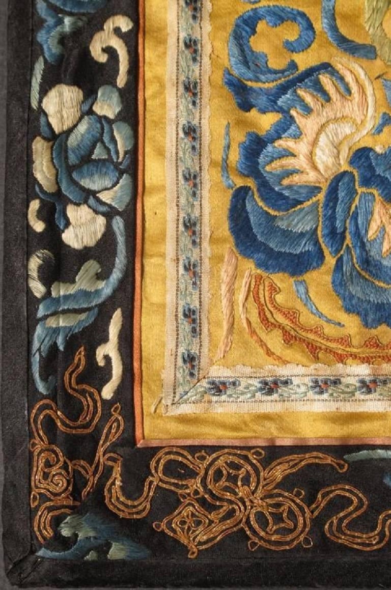 Small SquareSized Antique Chinese Silk Tapestry with Flower in Gold