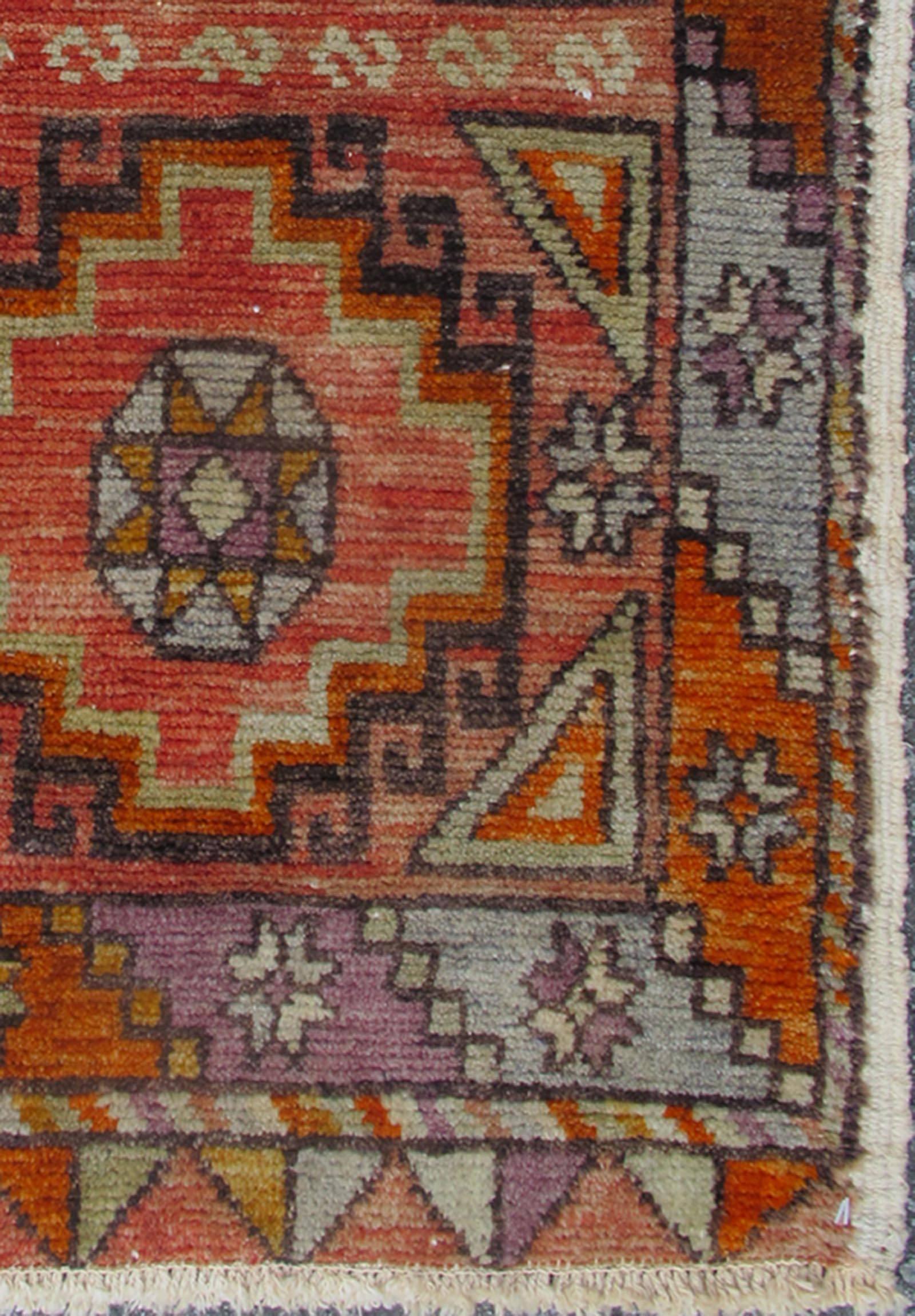 Vintage Oushak rug from Turkey with multicolored diamond geometric shapes, rug en-6371, country of origin / type: Turkey / Oushak, circa 1930

This vintage Turkish Oushak carpet, circa 1930 features three panes of geometric diamond designs. The