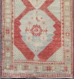 1930s Layered Medallion Vintage Turkish Oushak Runner in Red, Lt. Blue, Cream