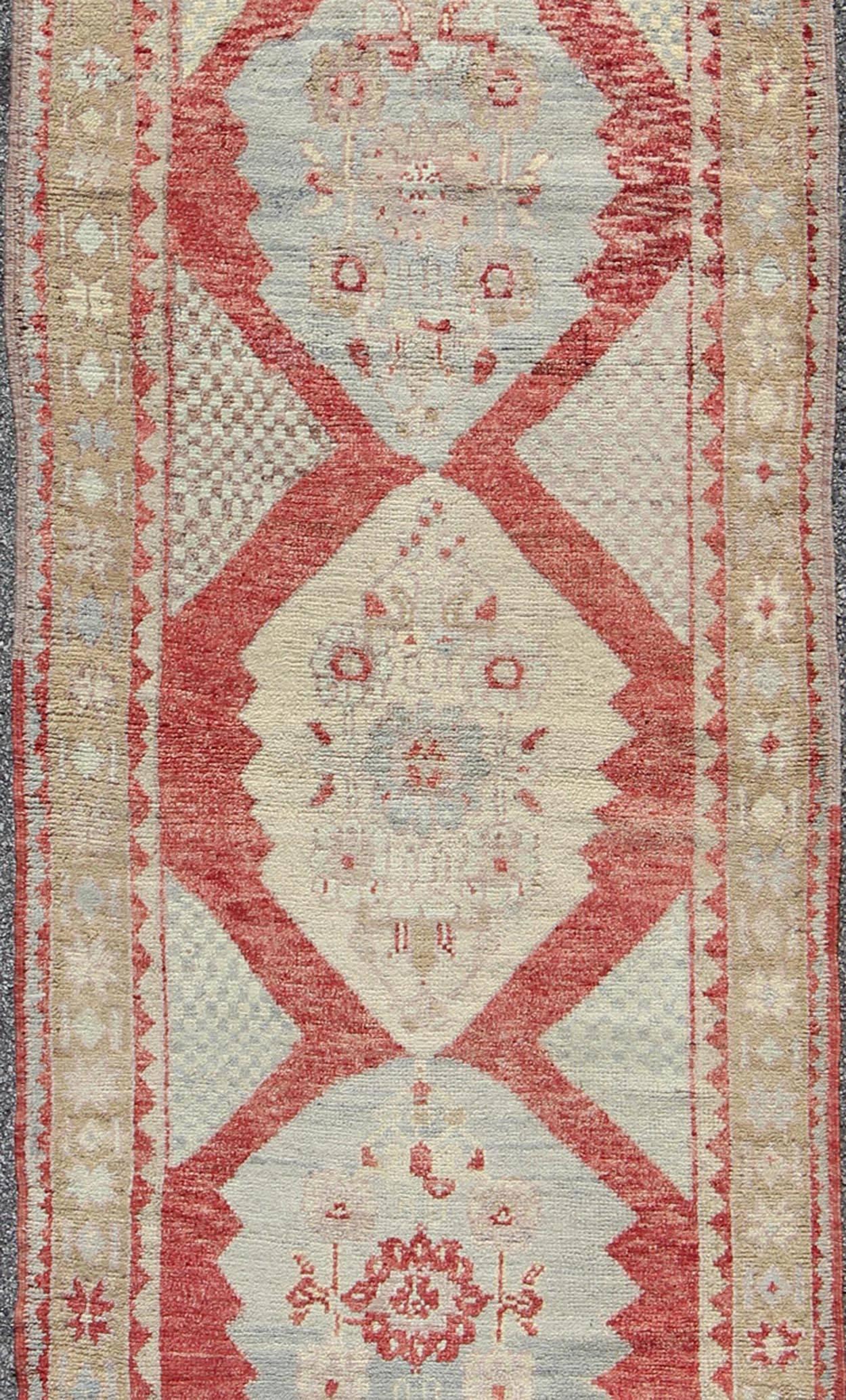 Hand-Knotted 1930s Layered Medallion Vintage Turkish Oushak Runner in Red, Lt. Blue, Cream For Sale
