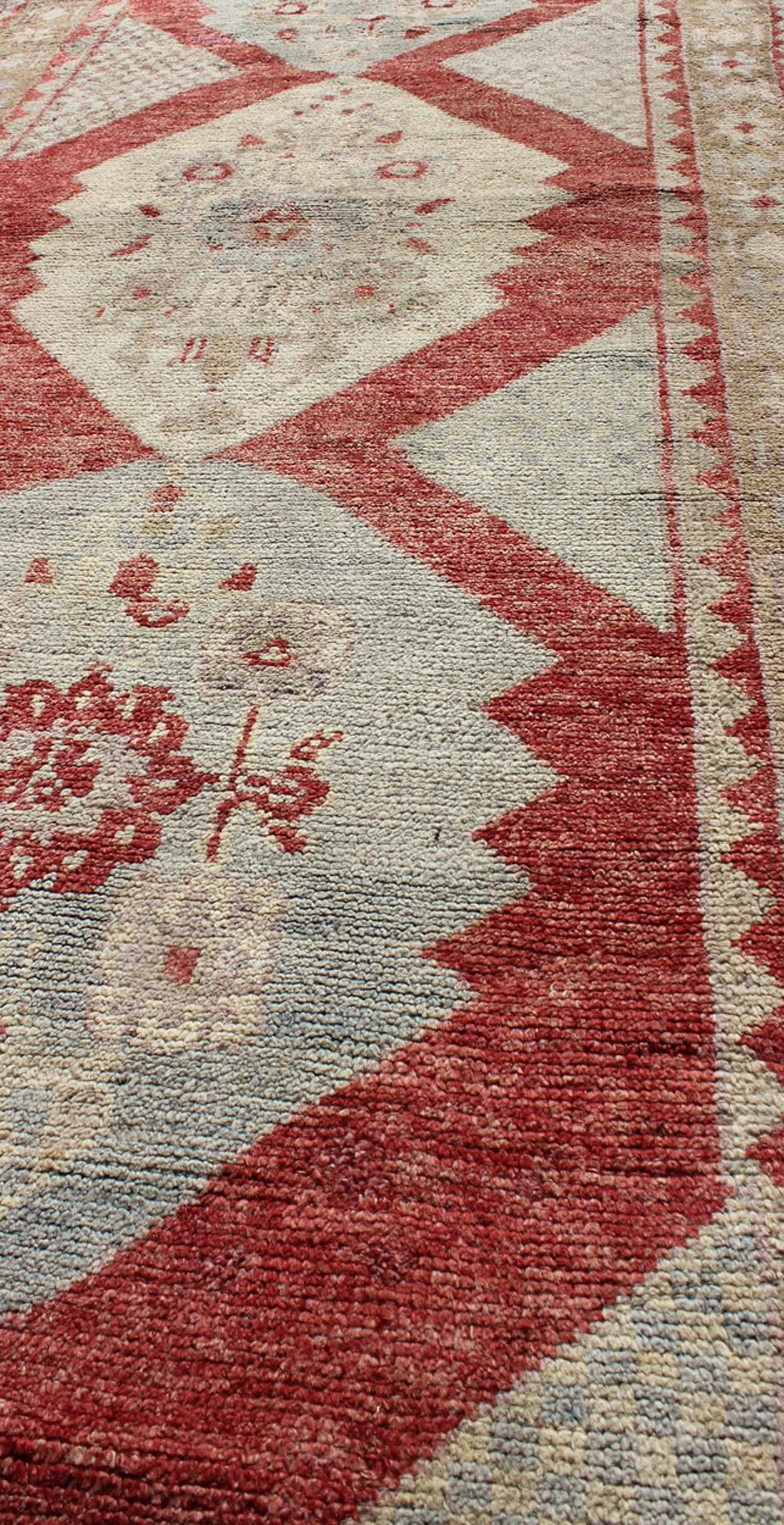 1930s Layered Medallion Vintage Turkish Oushak Runner in Red, Lt. Blue, Cream In Good Condition For Sale In Atlanta, GA