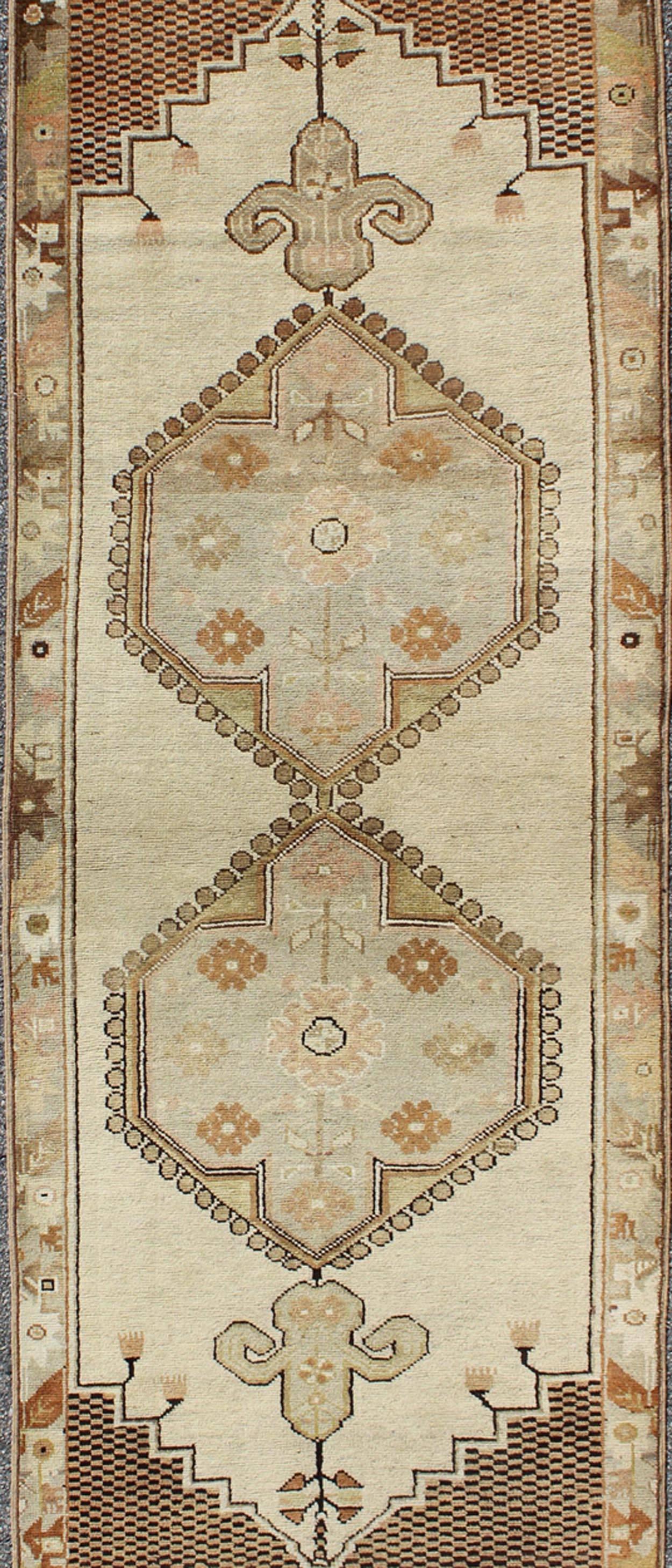 Hand-Knotted Regal Vintage Turkish Oushak Rug with Dual Medallion Design in Nude and Brown For Sale