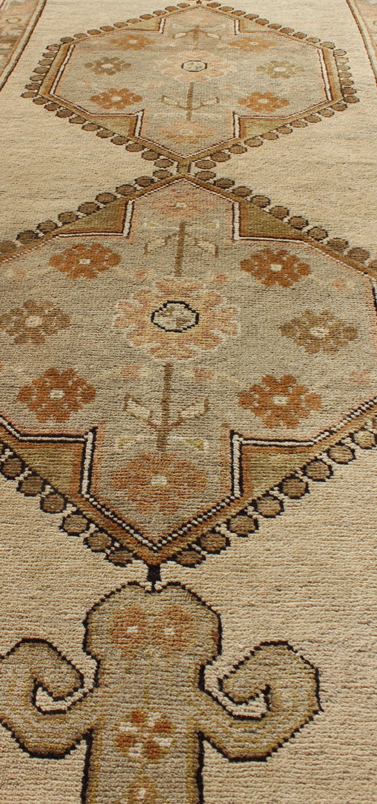 Wool Regal Vintage Turkish Oushak Rug with Dual Medallion Design in Nude and Brown For Sale