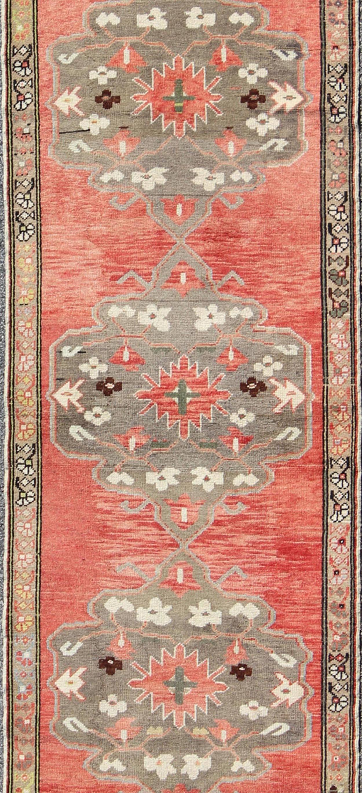 Hand-Knotted Three Medallion Vintage Turkish Oushak Runner in Red, Charcoal and Gray For Sale