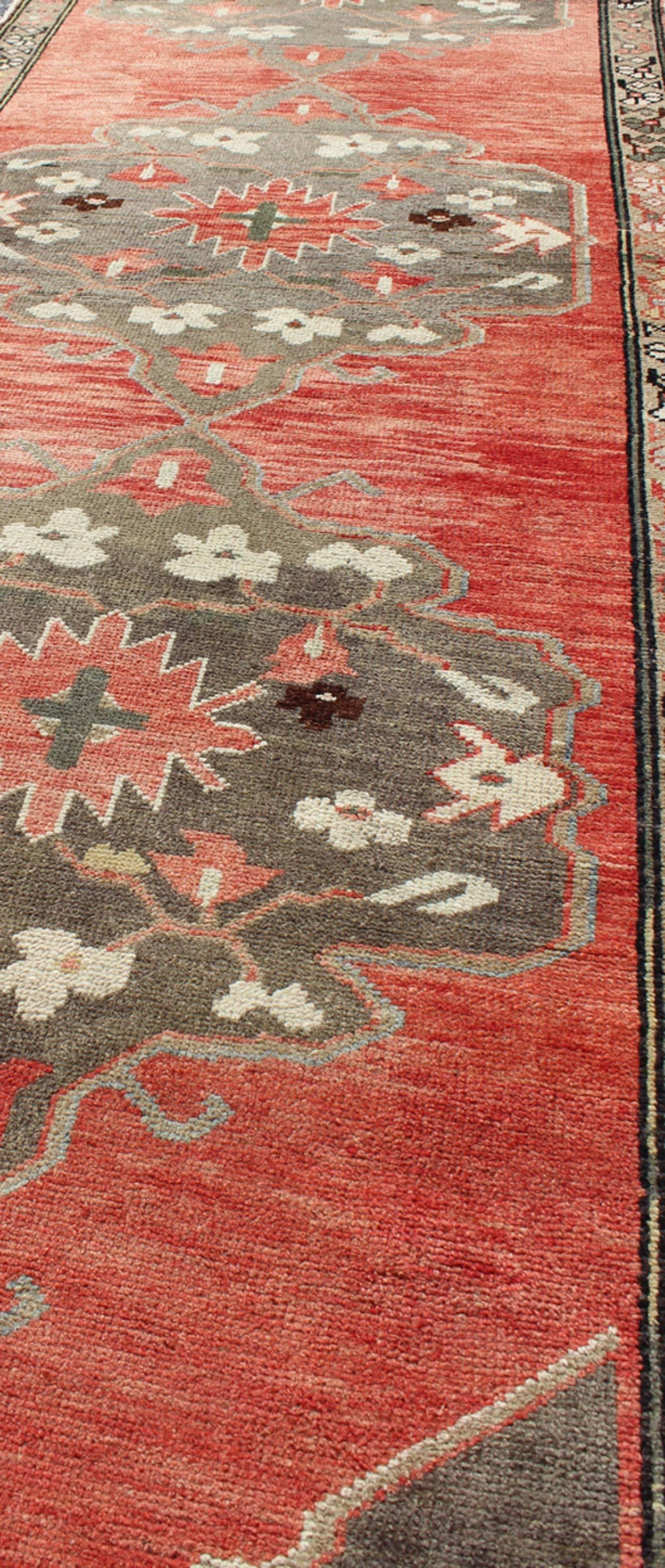 Mid-20th Century Three Medallion Vintage Turkish Oushak Runner in Red, Charcoal and Gray For Sale
