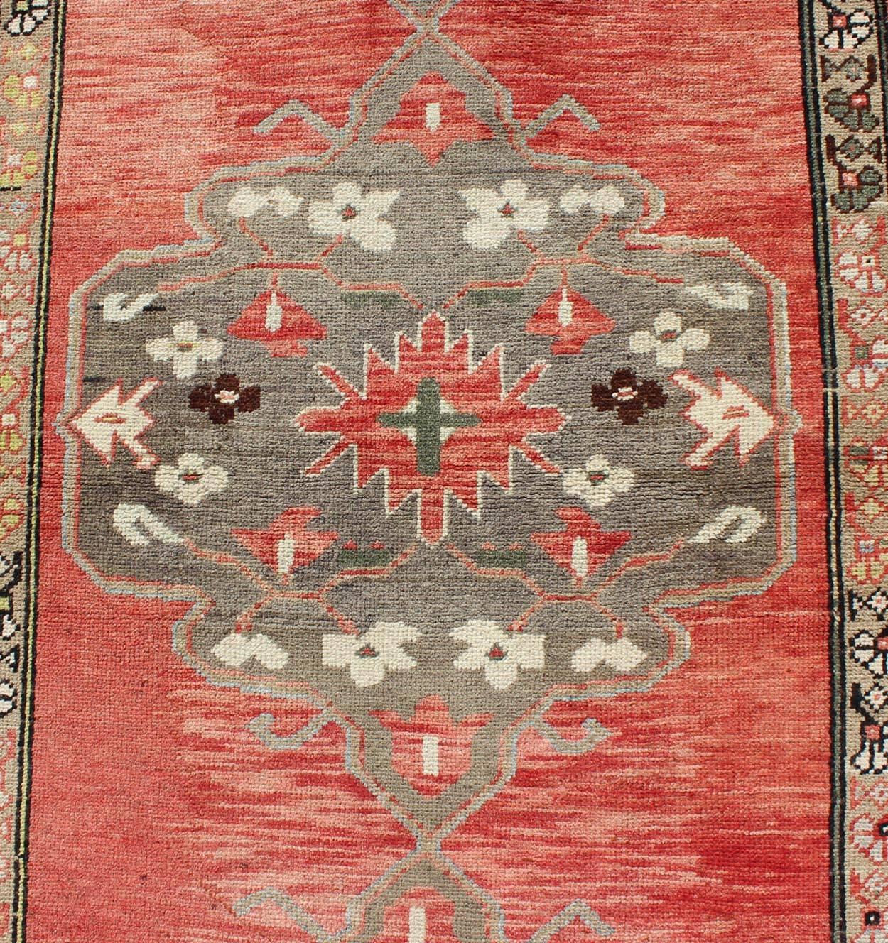 Wool Three Medallion Vintage Turkish Oushak Runner in Red, Charcoal and Gray For Sale