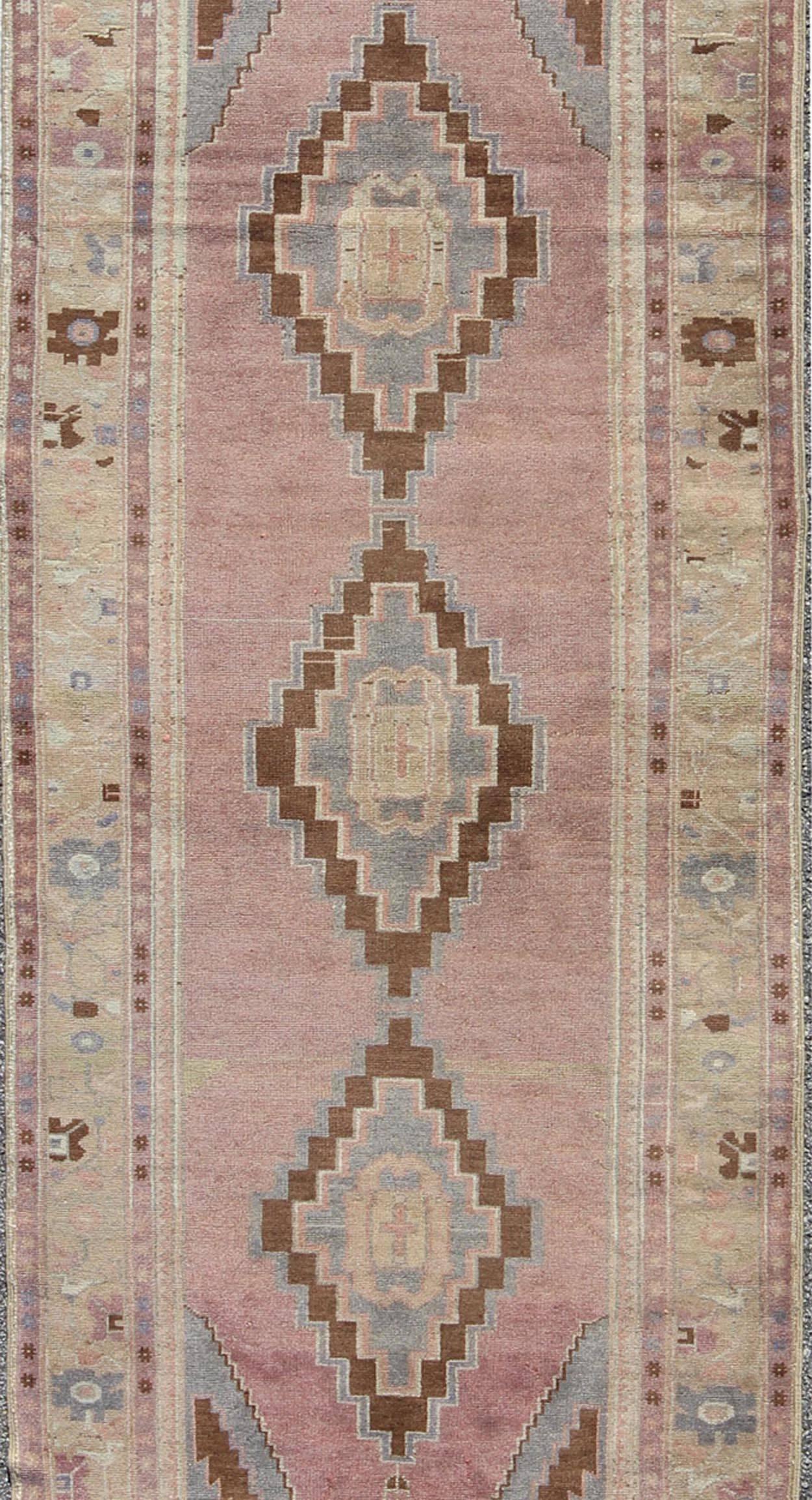 Hand-Knotted Vintage Turkish Oushak Rug in Lavender, Pink, Brown, Cream and Blue For Sale
