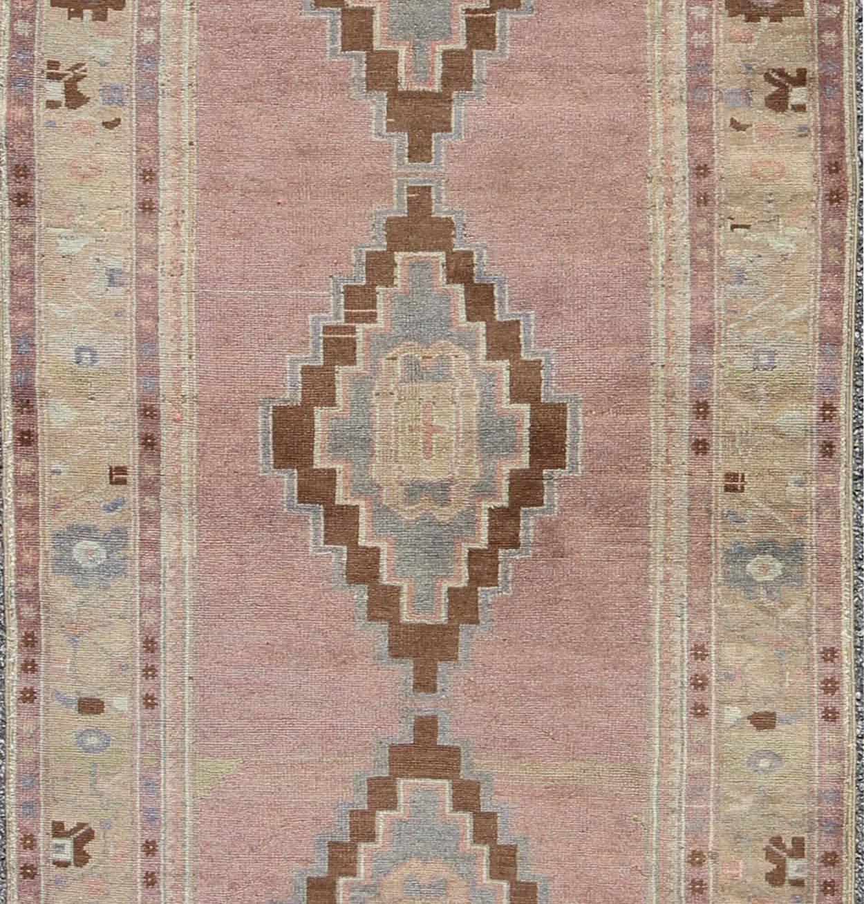 Vintage Turkish Oushak Rug in Lavender, Pink, Brown, Cream and Blue In Excellent Condition For Sale In Atlanta, GA