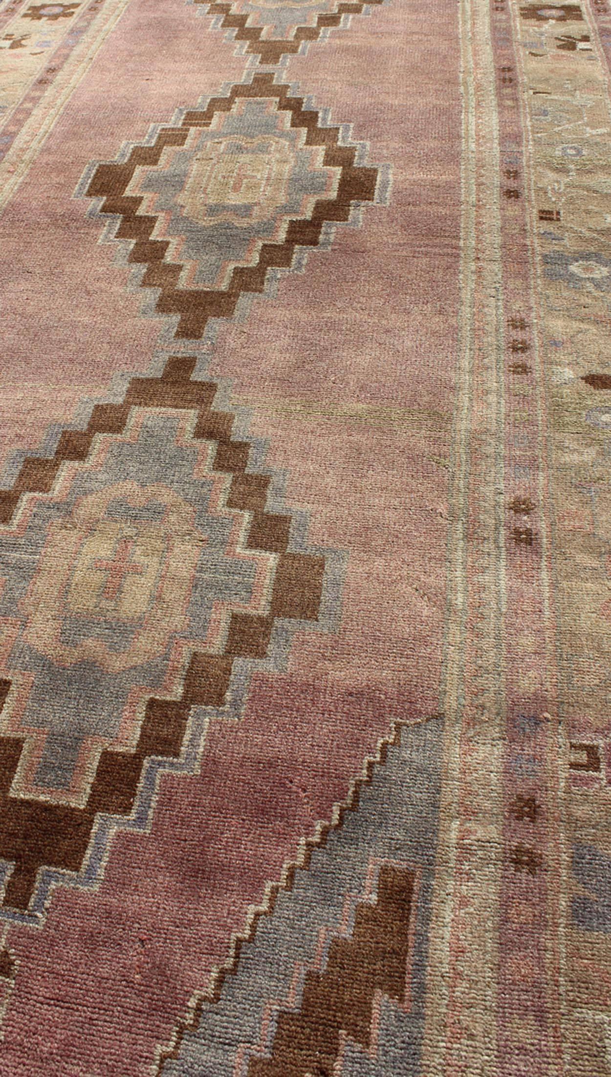 Mid-20th Century Vintage Turkish Oushak Rug in Lavender, Pink, Brown, Cream and Blue For Sale