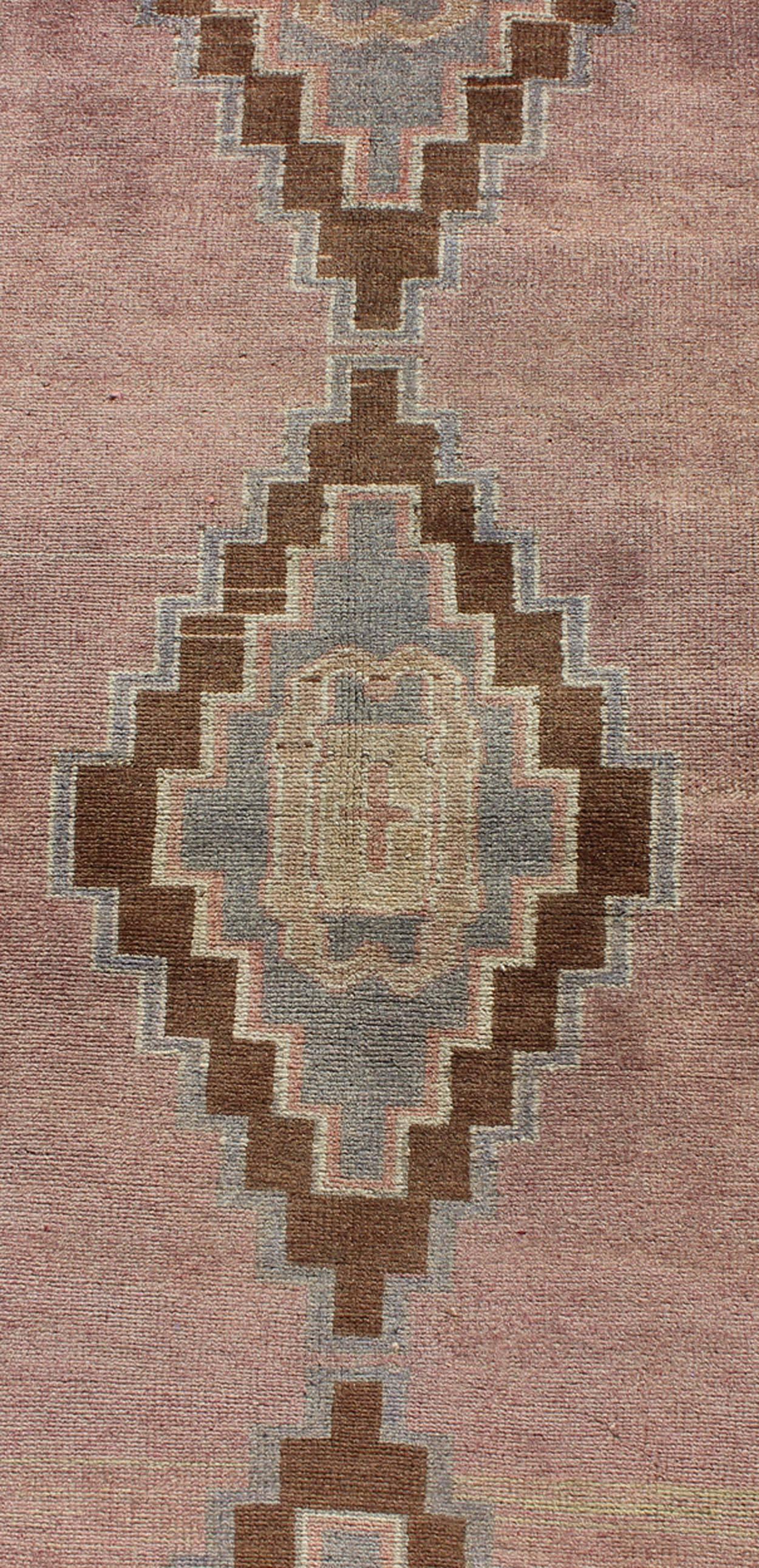 Wool Vintage Turkish Oushak Rug in Lavender, Pink, Brown, Cream and Blue For Sale