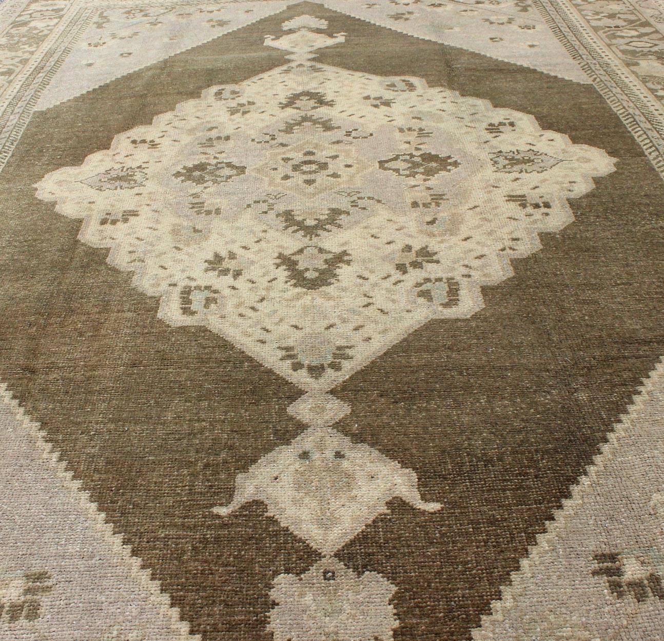 Wool Medallion Design Vintage Turkish Oushak Rug in Nude, Taupe, and Brown For Sale