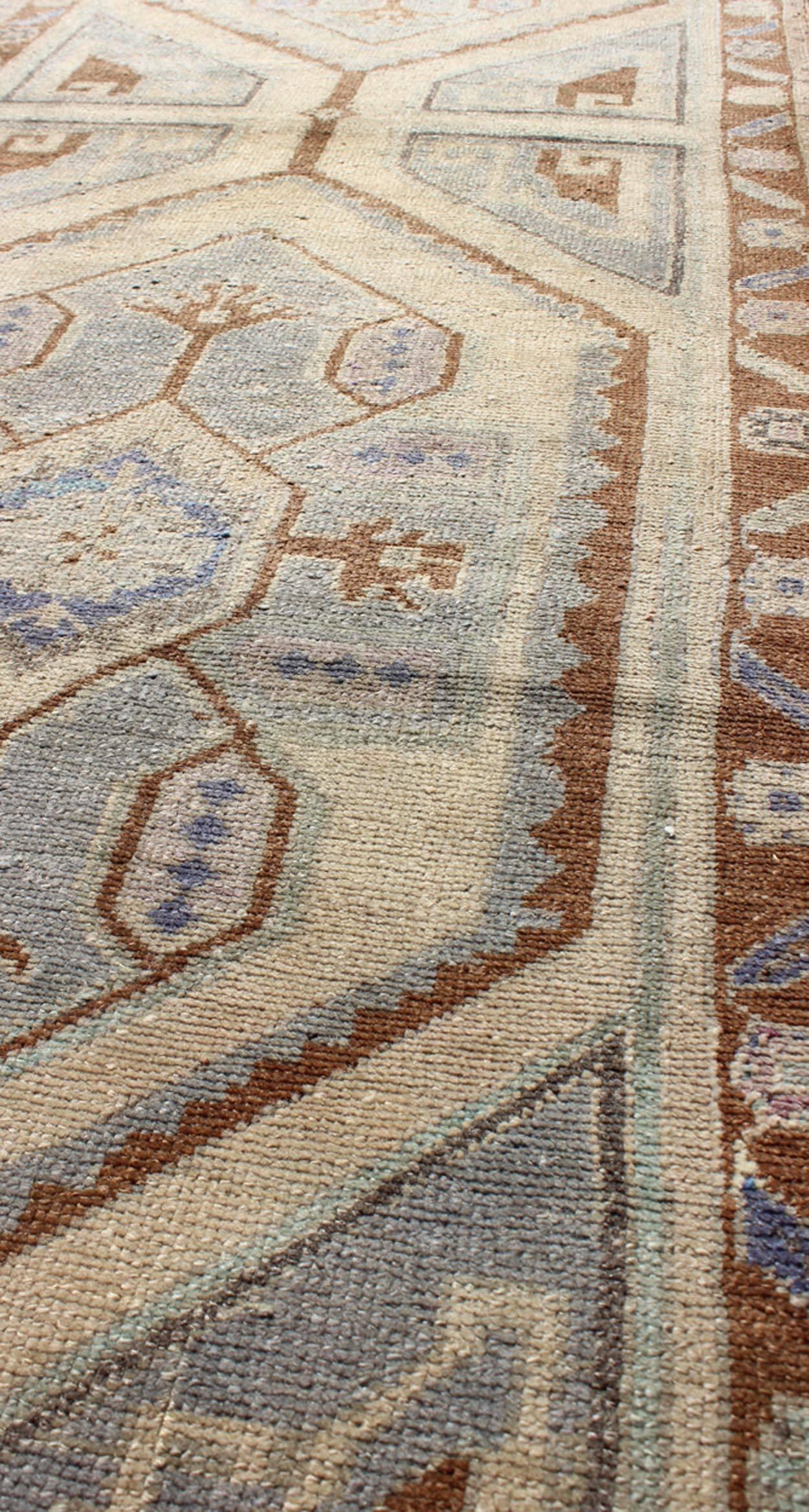 Hand-Knotted Vintage Turkish Oushak Runner with Two Medallions in Nude, Blue-Gray, Red-Brown