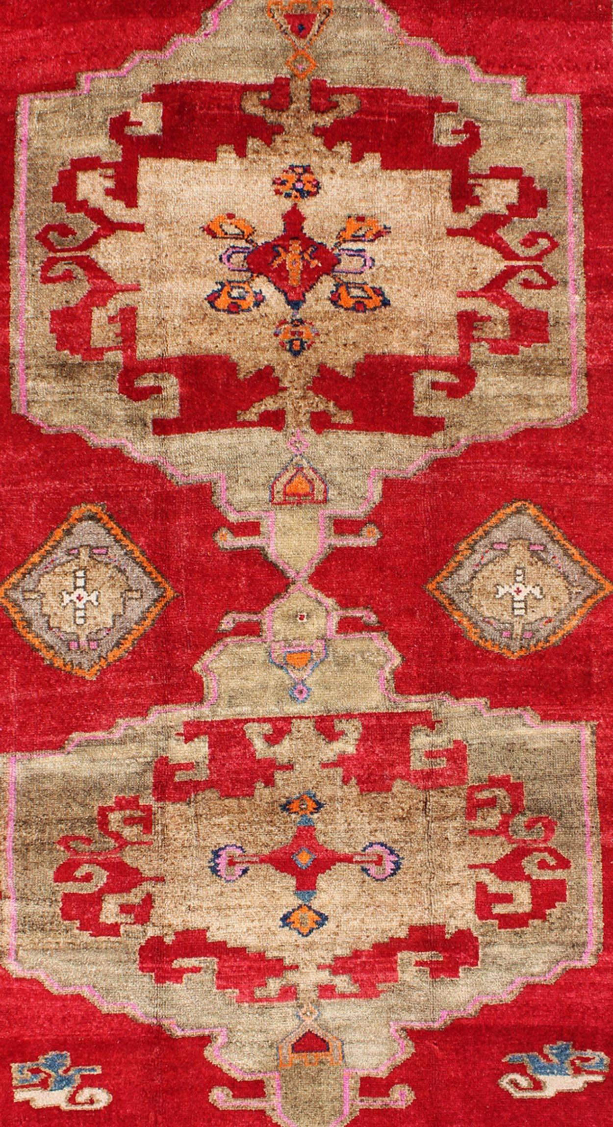 Hand-Knotted Bright Red and Taupe Vintage Turkish Oushak Rug with Dual Medallion Design For Sale