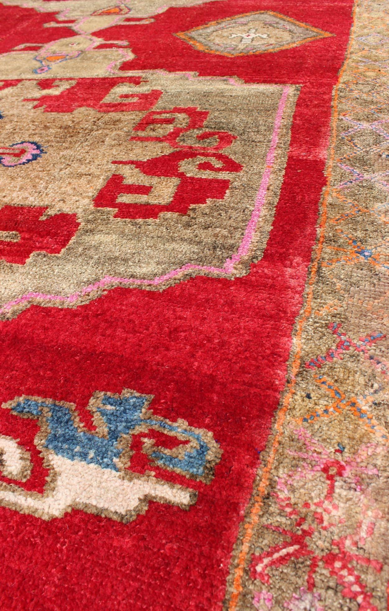 Mid-20th Century Bright Red and Taupe Vintage Turkish Oushak Rug with Dual Medallion Design For Sale