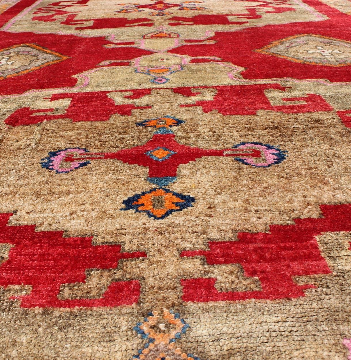 Wool Bright Red and Taupe Vintage Turkish Oushak Rug with Dual Medallion Design For Sale