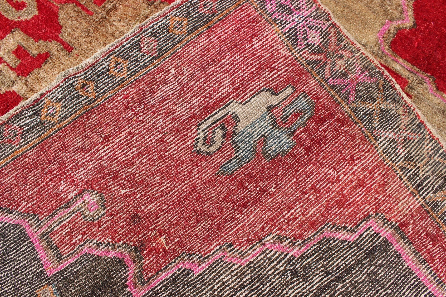 Bright Red and Taupe Vintage Turkish Oushak Rug with Dual Medallion Design For Sale 1