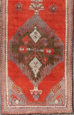 Vintage Turkish Oushak Runner in Burnt Orange, Moss Green, and Pale Blue