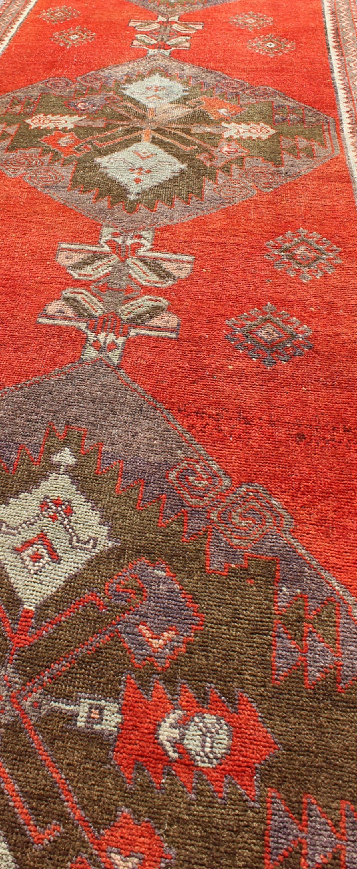 Mid-20th Century Red and Brown Vintage Turkish Oushak Runner with Three Medallion Design For Sale